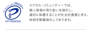 エクセル・コミュニティーでは、個人情報の取り扱いを強化し、適切に保護することが社会的責務と考え、体制を整備強化しております。